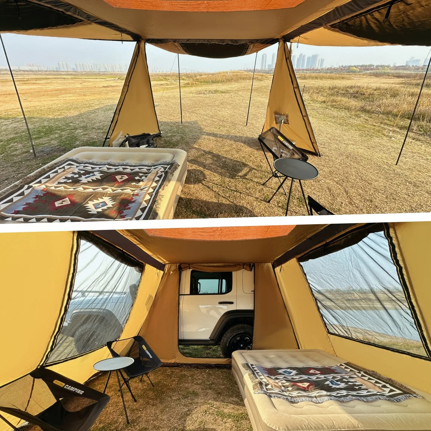 Outdoor car side tent development hexagonal fortress tent side tent house bamboo shade camping canopy chimney noise