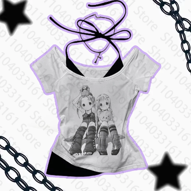 

American Subculture Punk Hippop Tshirt Gothic Print Contrast Color Patchwork Fake Two Piece Short Sleeve Top Vintage Y2k Tee