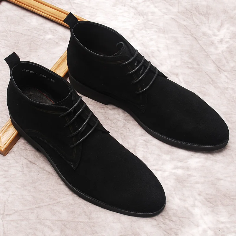 Genuine Winter Leather Ankle Boots Man Black Handmade Mens Dress Boots Lace Up Formal Shoe Suede Luxury Chelsea Boots Men