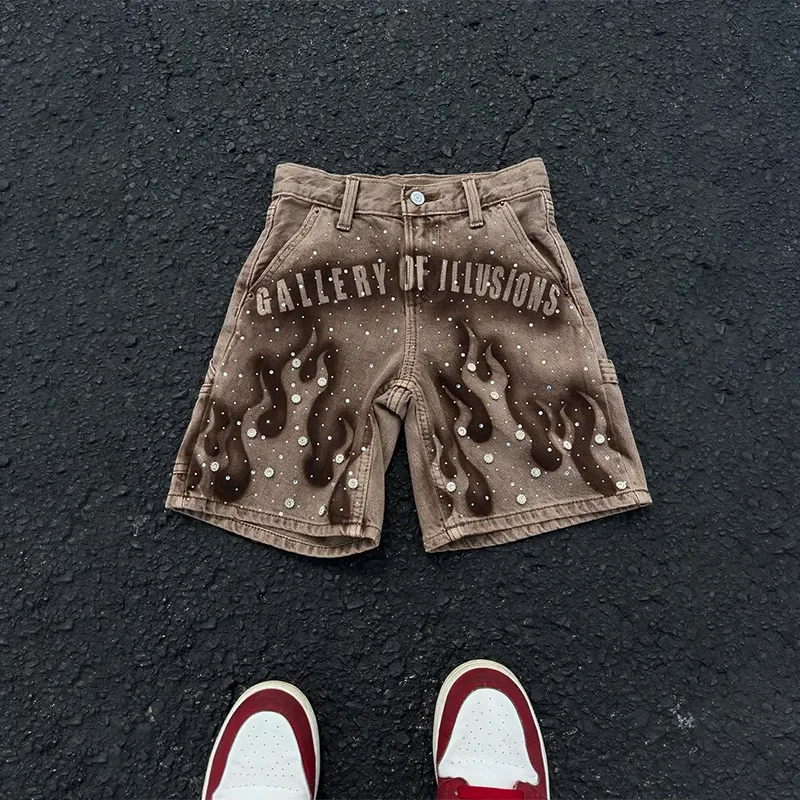 Jeans Sutra Gambar Cetak Gotik Celana Pendek Pria Celana Pendek Denim Pinggang Tinggi Antik Hiphop Harajuku Jalanan Pakaian Pria Celana Longgar Kasual Pria