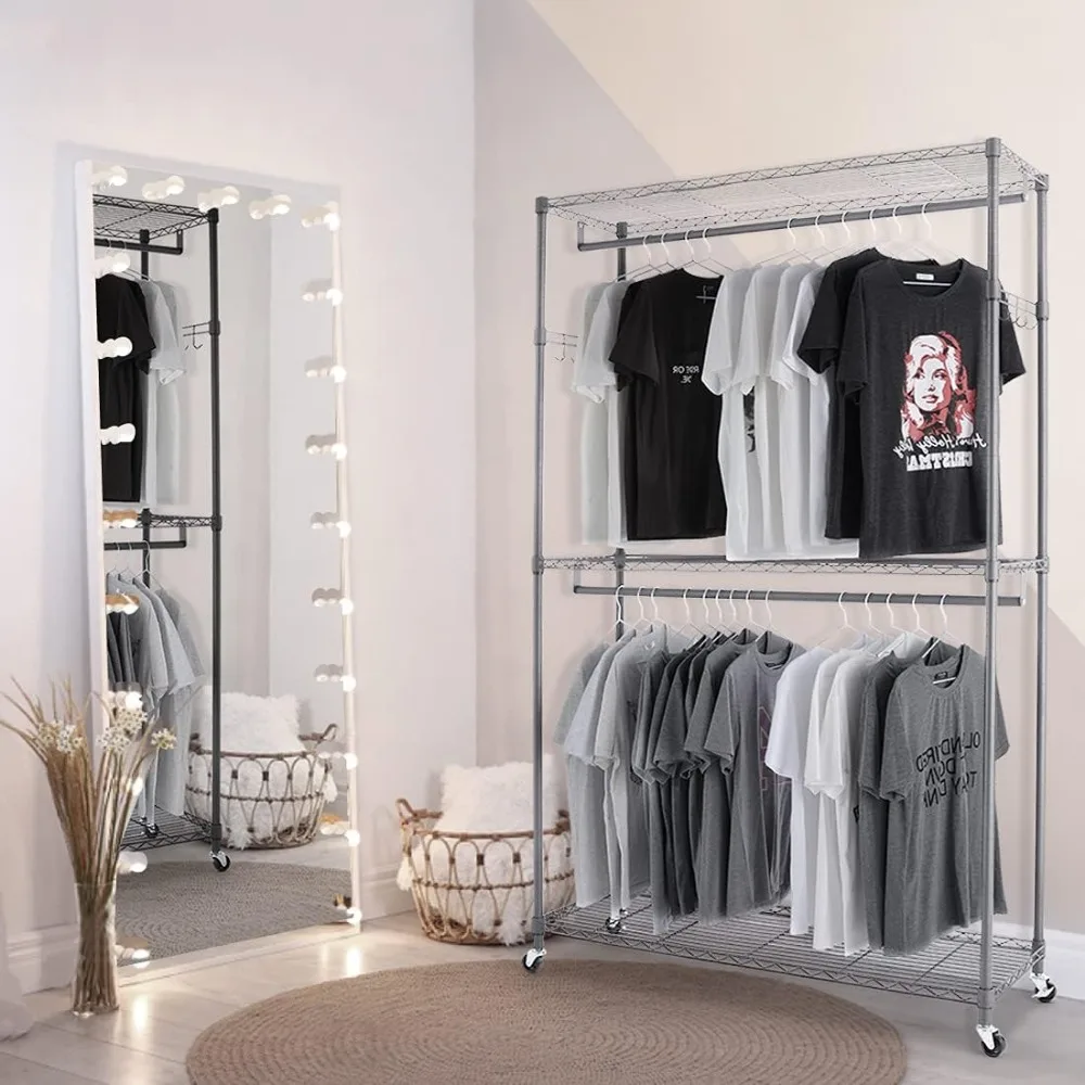 

Double Rod Closet 3 Shelves Wire Shelving Clothing Rolling Rack Heavy Duty Garment Rack with Wheels and Side Hooks