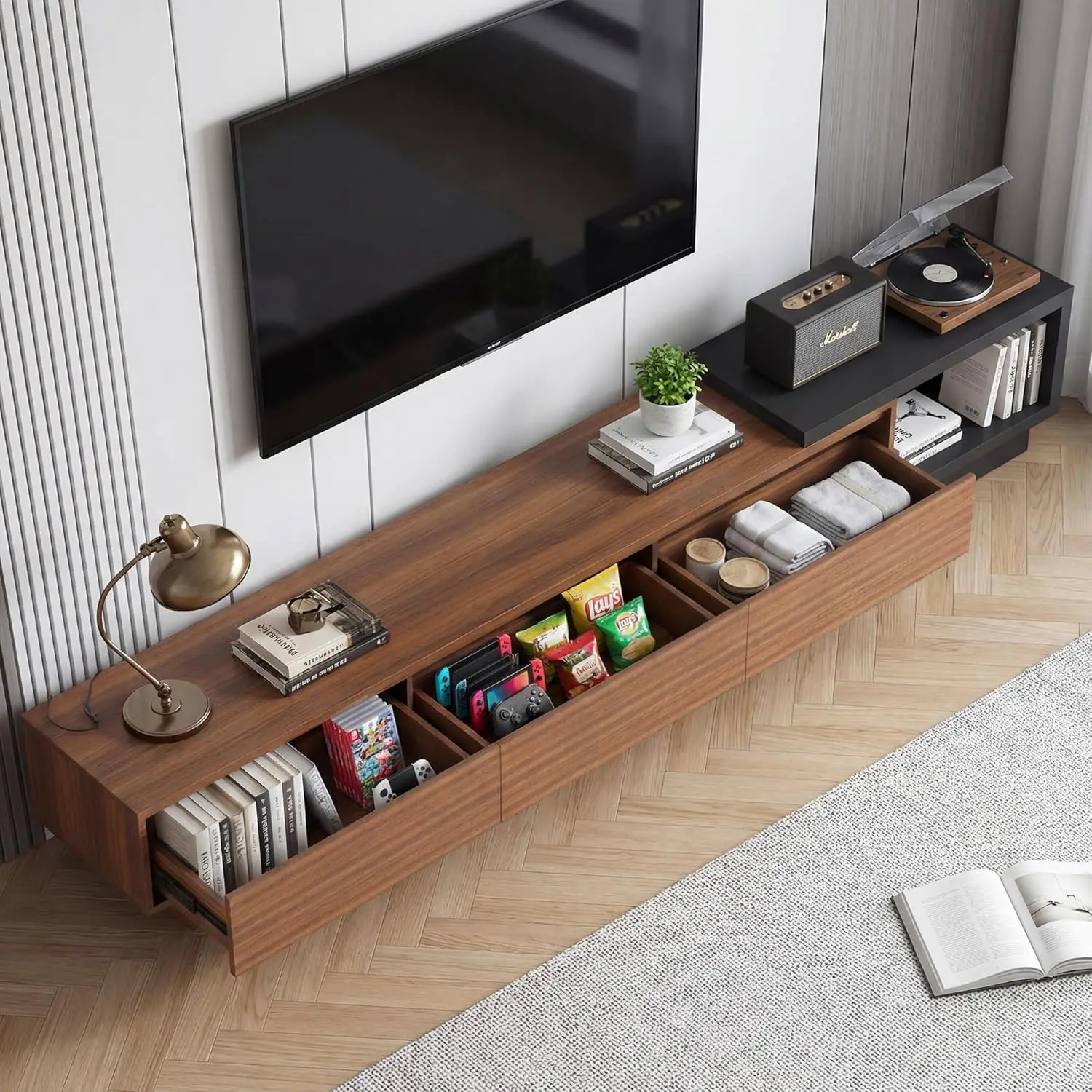 V 78-130in Extendable TV Stand 3 Drawers Mid-Century Modern Adjustable Entertainment Center