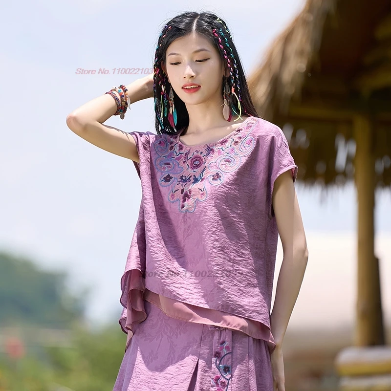 

2024 chinese vintage hanfu tops national flower embroidery double layers blouse oriental o-neck loose blouse ethnic hanfu tops