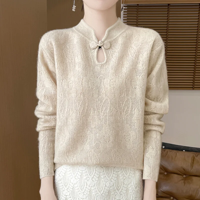 New Style Stand Collar Hollow Sweater 24 Autumn and Winter New Strict Selection Wool Women's Pullover