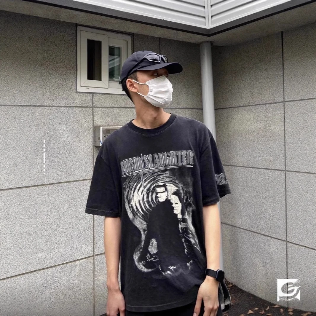 GRAILZ Vintage Washed Letter Character Soul Portrait High-Street American-Style Versatile Hip-Hop Short-Sleeve T-Shirt