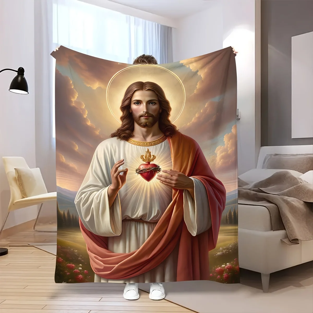 White Cloud Jesus، بطانية متعددة الوظائف مطبوعة رقمية ناعمة ودافئة على الطراز الحديث لغرف المعيشة والأرائك، #1