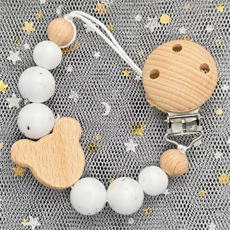 

White Handmade Custom Personalized Name Silicone Bead Beech Pacifier Clip Safe Teething Chain Baby Teether Dummy Clip Holder Gif