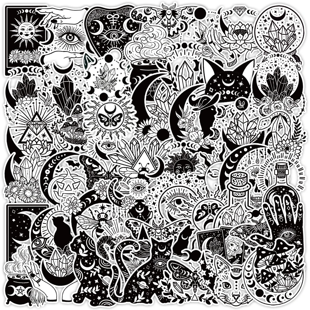 

10/30/50Pcs Horror Dark Magic Witch Cartoon Stickers Black White Gothic Style Vintage Anime Decals Classic Kids Toys for Sticker