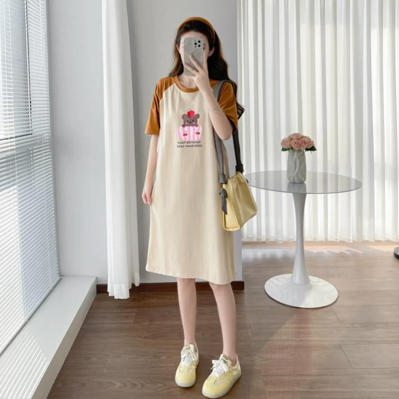 マタニティサマーナーシングドレス-レディース半袖ドロップショルダープリントマタニティドレス-ラウンドネックライン付き