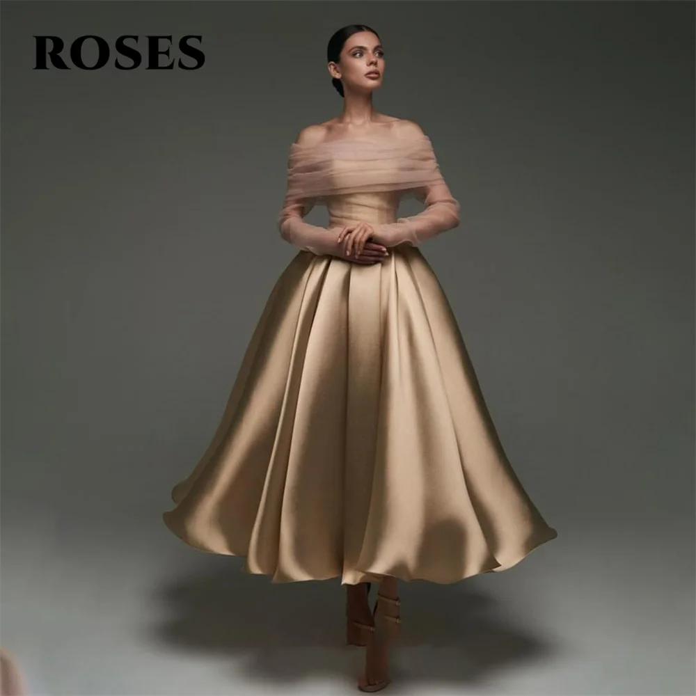 

ROSES Gold Soft Stain Evening Gown A-Line Elegant Prom Dress Off Shoulder Pleat Wedding Evening Dress robes de soirée Customized