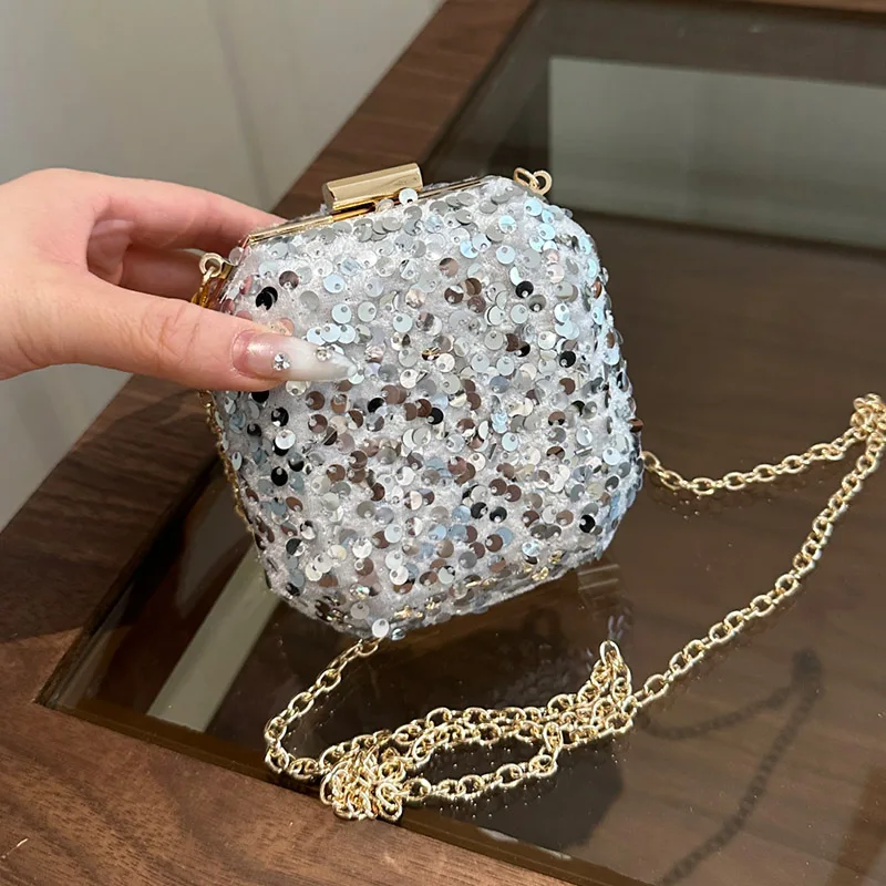 Super Mini Crossbody Bags For Women Designer Bags Luxury Silver Sequined Shoulder Coin Mini Purse Cute Square Box Lipstick Bag