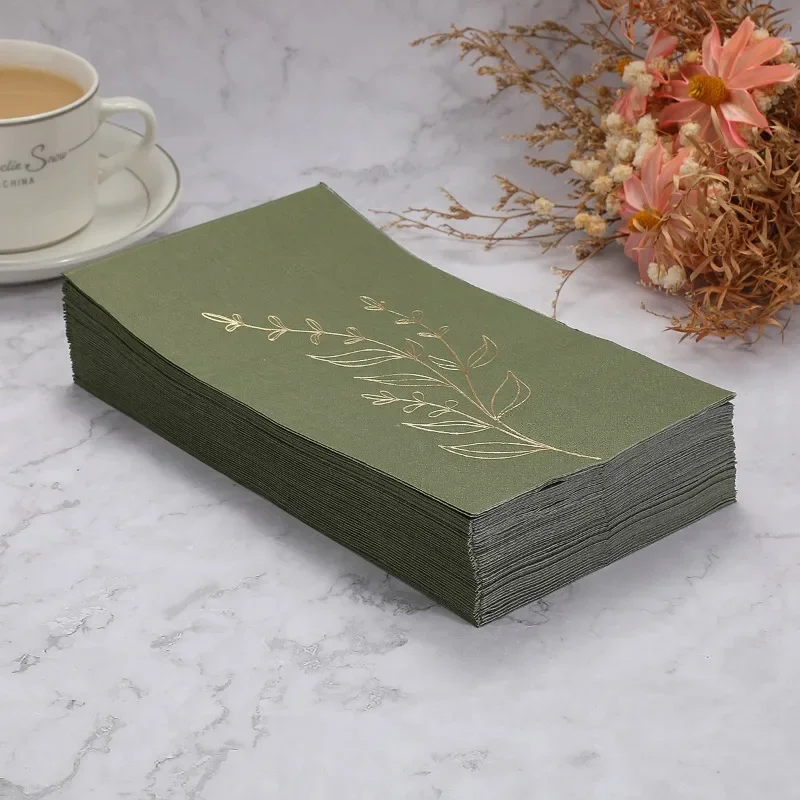 20pcs 33 * 40cm 2Layer Laurel Leaf Gold-stamped Long Napkins Rectangular Green Solid Color Paper Placemats DIY Decoupage Paper