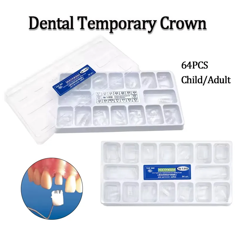 64Pcs Dental Transparent Temporary Crown Dental Crown Deciduous Teeth of Adult Child Preformed Molar Tooth