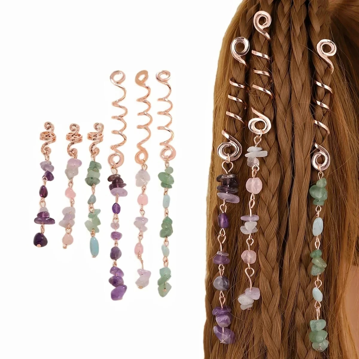 Crystal Stone Braids Barrettes Colorful Hair Beads Spiral Charms Beads for Women Jewelry Vintage Hairpins Dreadlocks Accessories