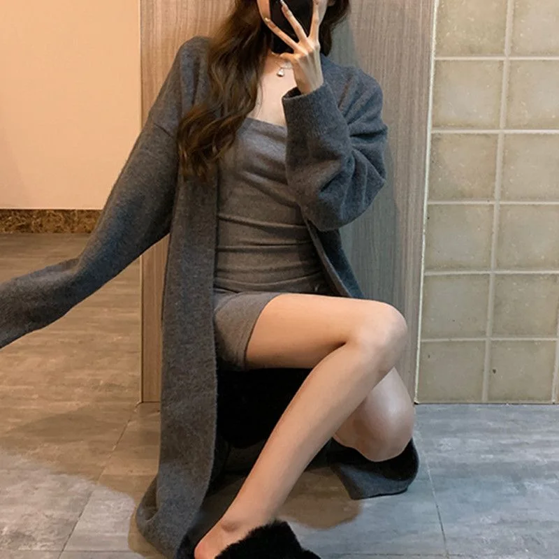 

Кардиган средней длины, темно-синий, женский, летний, с узлом, в корейском стиле, с воротником «морикор» под норку, готический, высококачественный, повседневный