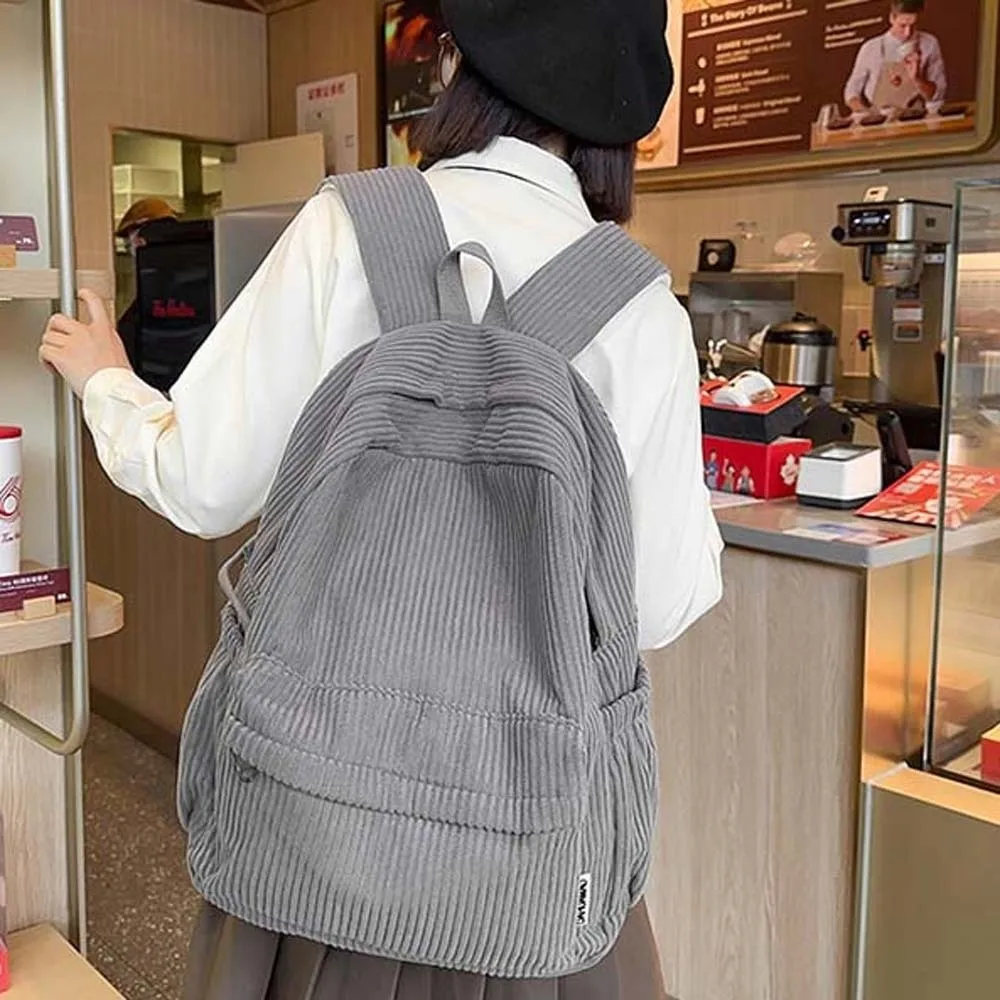 

Lightweight Corduroy Backpack Large Capacity Portable Solid Color School Bag Japanese Style Adjustable Casual Students Daypack