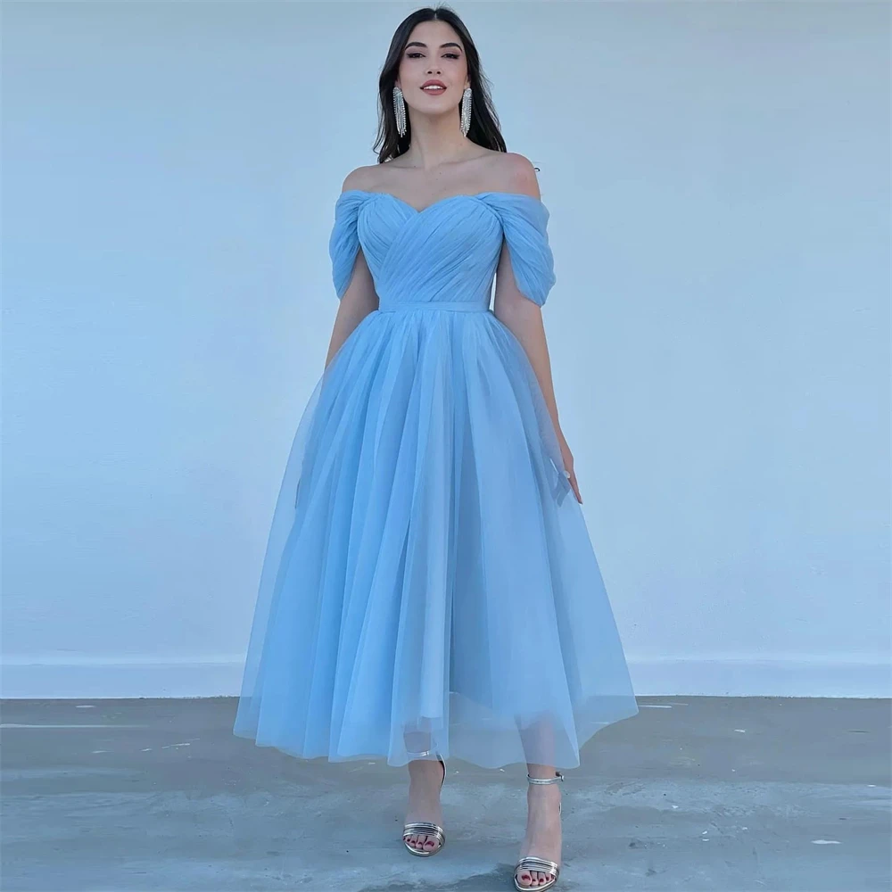 

Simple Sky Blue Boat Neck A-Line Tulle Formal Occasion Prom Dresses Ruffle Tea-length Women Evening Party Dress فساتين السهرة