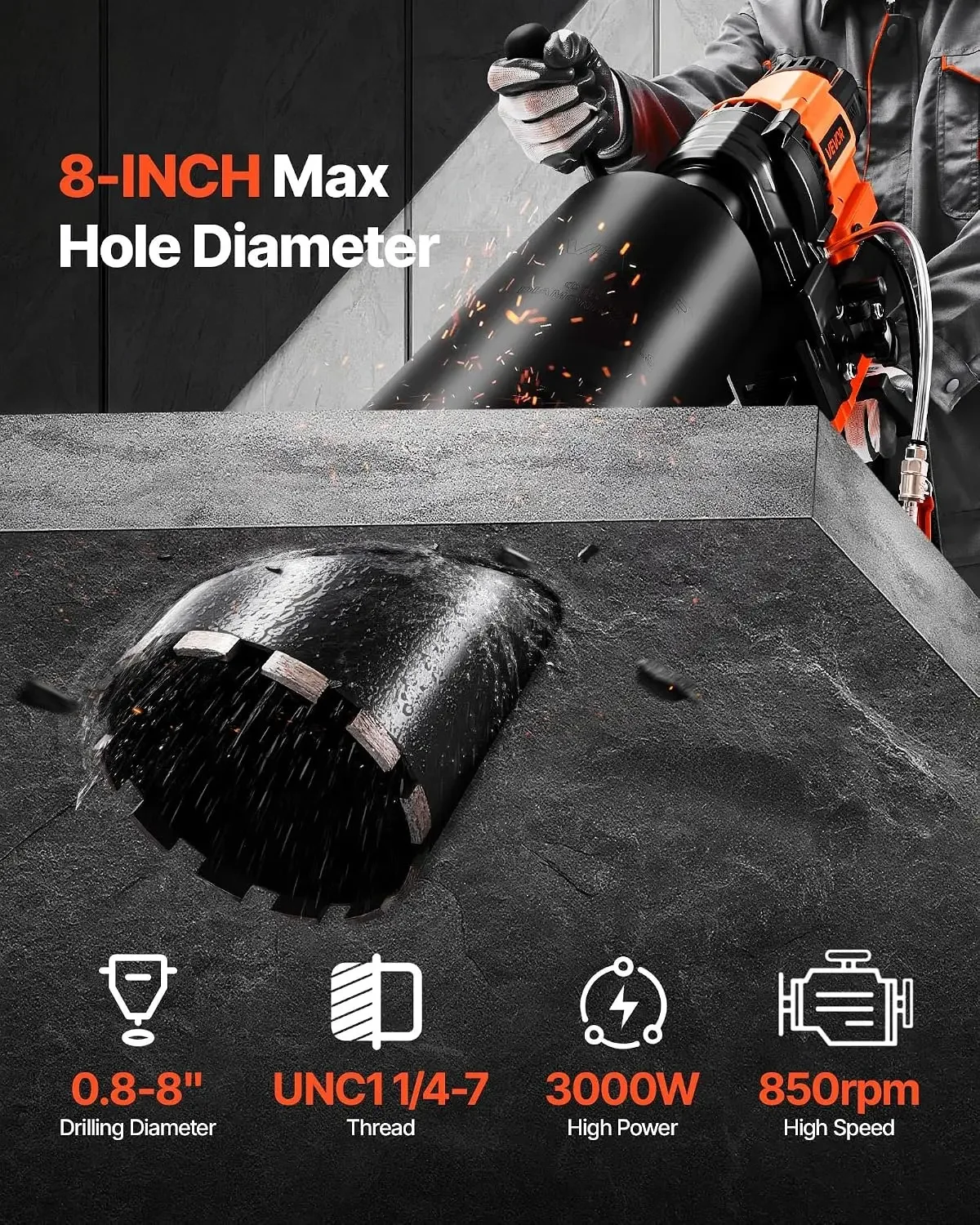 Diamond Core Drilling Machine, 0.8–8 in Drilling Diameter, Stand-Mount Dry and Wet Concrete Core Drill Rig with 8 Drill Bits, 80