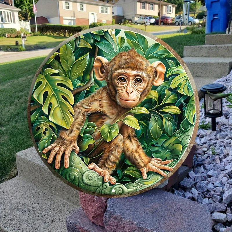 Aluminum Metal Monkey and Foliage Wreath Sign, Pre-Drilled, UV Resistant, Jungle Themed, Indoor and Outdoor Decor