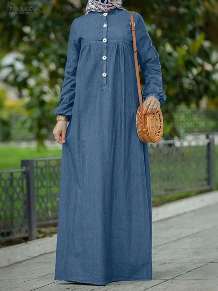 ZANZEA فساتين طويلة متواضعة تشبه الدنيم للنساء حجاب برقبة دائرية وأكمام واسعة نصف أزرار فستان ماكسي فضفاض لخريف 2025 ملابس نسائية #1