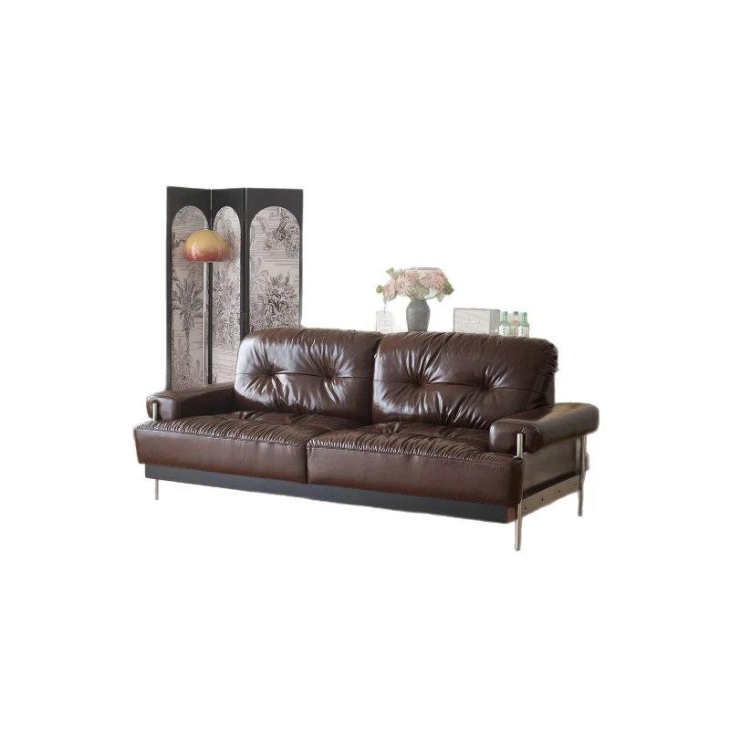 Oil wax leather sofa, small apartment in household living room, straight row of three people, medieval retro leather art sofa