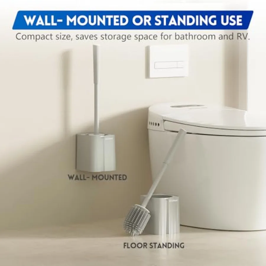 Toilet Brush and Holder Set, Silicone Toilet Bowl Cleaner Brush Bristles, Bathroom and RV Cleaning Tools, Space Saving Toilet S view 6