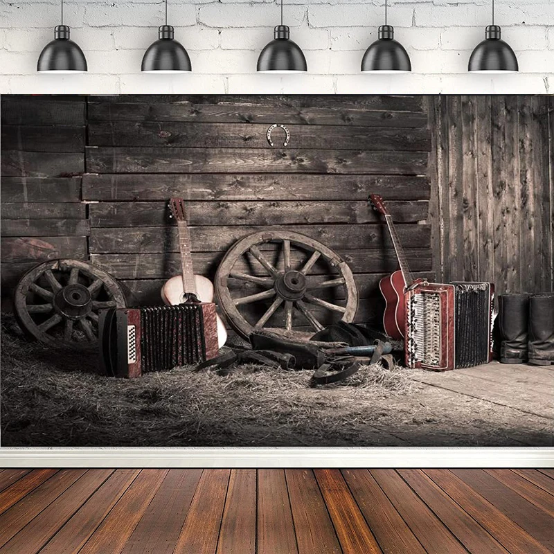 Western Farm Photography Backdrop Old Barn Guitar Straw Hay Wheels Rustic Wooden Barn Country Scene Music Party Background