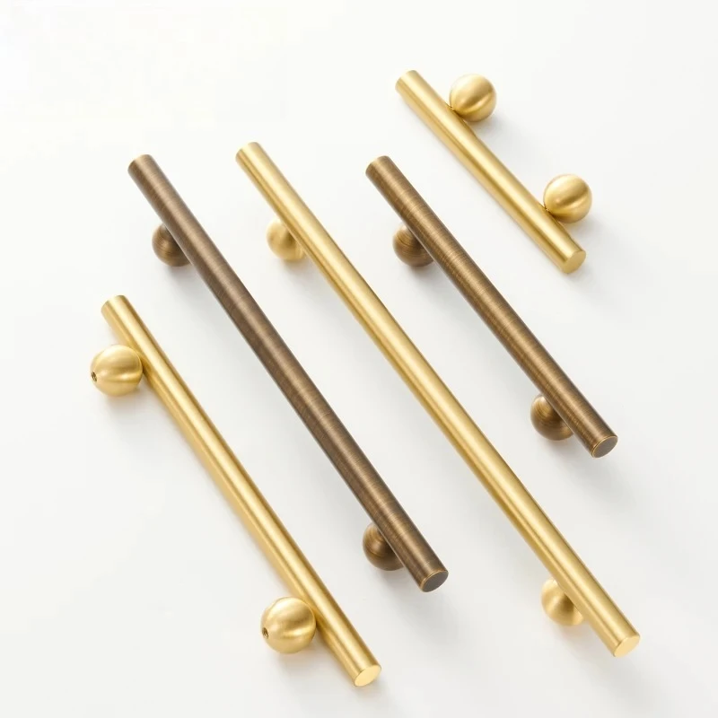 Solid Brass T‑Bar Cabinet Pulls, Antique Brass Long Door Handle with Ball Feet for Kitchen Cloakroom Wardrobe