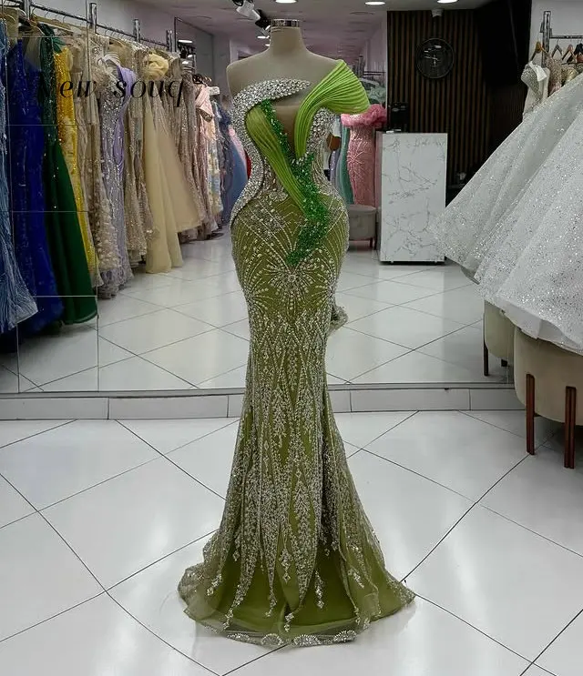 Verde longo formal sereia vestidos de noite com cristais personalizado 2026 um ombro recepção casamento jantar festa vestidos