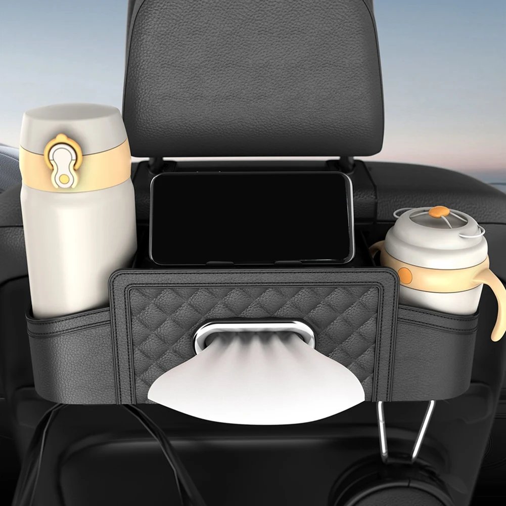 Car Seat Back Storage Box Multifunctional Auto Tissue Universal Backseat Water Cup Holder Hanging Organizer Black Parts-X67A