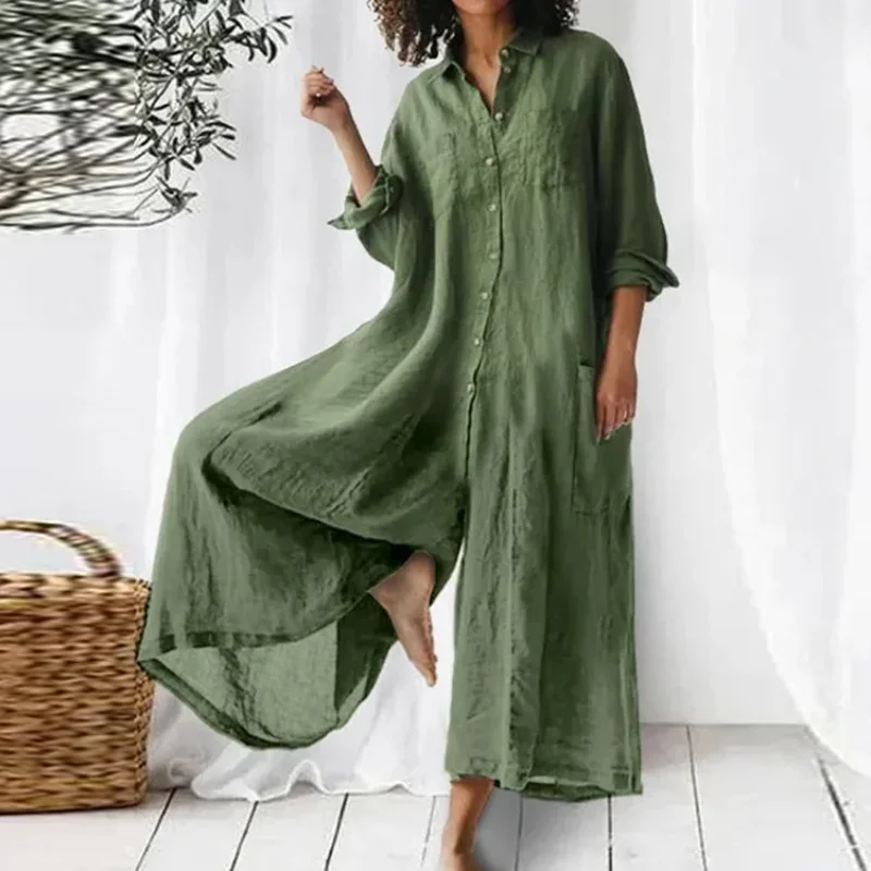 

Women's Jumpsuit Cotton Linen Solid Color Spring Summer Long Sleeve Single Breasted Shirt Wide-leg Pants Loose Female Rompers