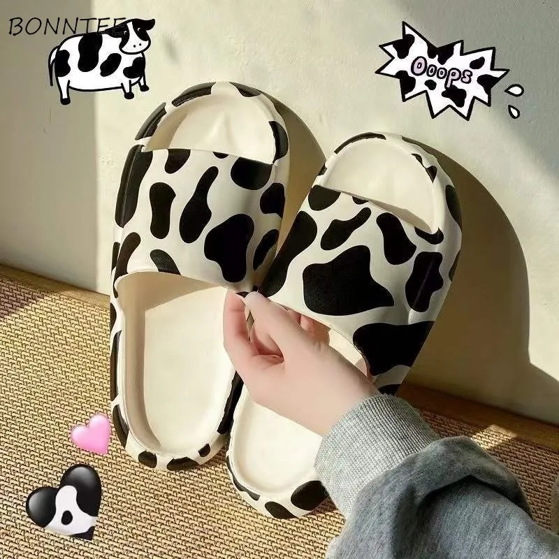 Kawaii Slippers Women Lovely Cow Print Summer Bathroom No-slip Korean Style Trendy Preppy Couples Vintage Funny Female Beach Ins