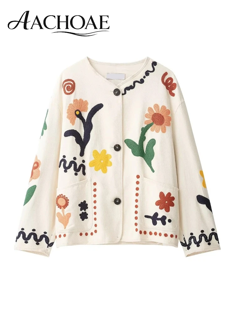 AACHOAE Women Floral Embroidered Jacket Vintage Button Front Collarless Loose Boho Casual Long Sleeve Spring Autumn Outerwear