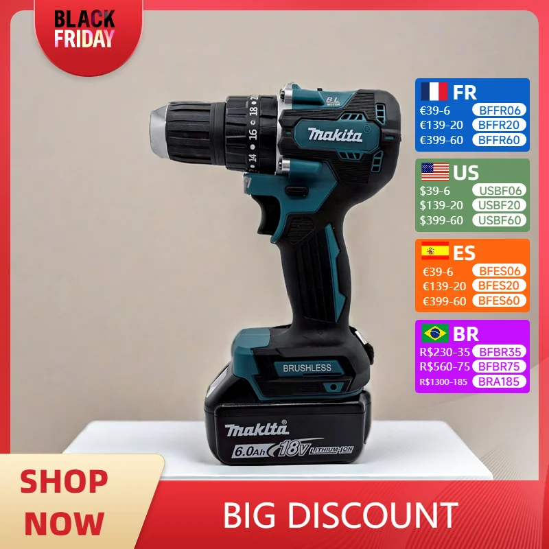 Makita DHP487 18v Cordless Hammer Driver Drill 18V LXT Brushless Motor Impact Electric Screwdriver Variable Speed Power Tool