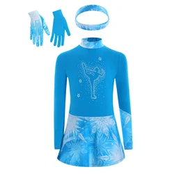 Teens Girls Figure Skating Dress Shiny Rhinestones Gymnastics Outfit Long Sleeve Printed Ballet Dance Dress with Gloves Headband