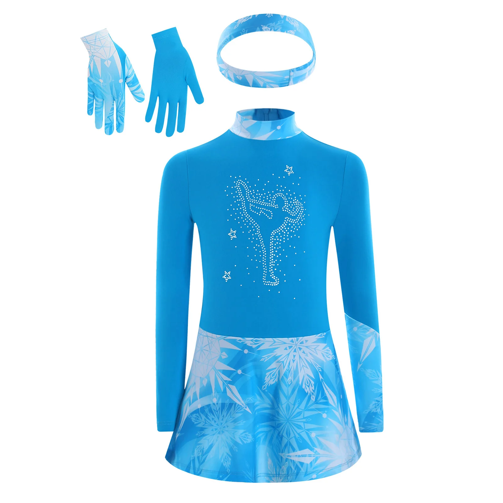 Kids Girls Figure Ice Skating Dress Long Sleeve Shiny Rhinestone Leotard Dress with Glove Modern Gymnastics Ballet Dance Costume