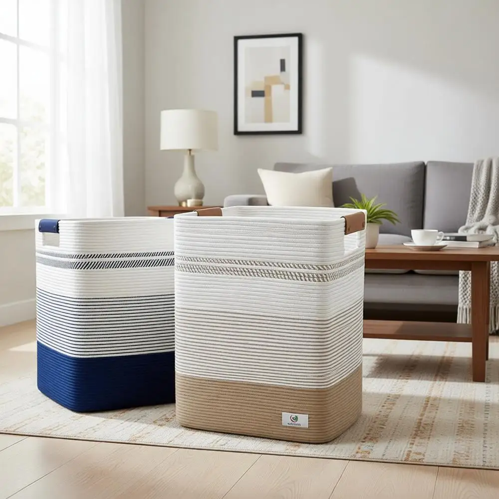 

Large Cotton Rope Laundry Basket with Leather Handles, 85L Storage for Blankets and Clothes, Jute & White Decorative Hamper