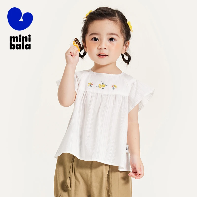 Mini Bala Shirt Girls Short Sleeve Shirt 2024 Summer New Baby and Infant Skin-Friendly Soft Pure Cotton Sweet Children Shirt