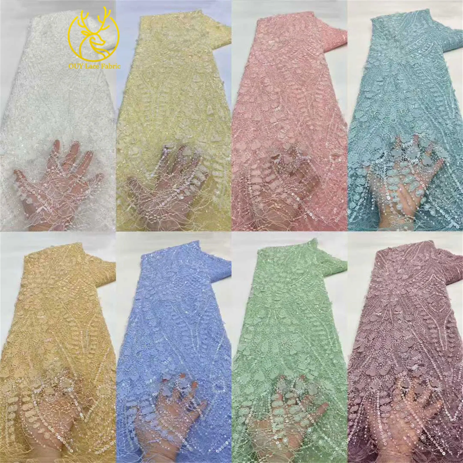 Eleganter Nigerianischer Bestickter Pailletten-Spitzenstoff 2026 Hochwertiger Afrikanischer Französischer Perlen-Spitzenstoff für Damenkleider Nähen – Detail 3