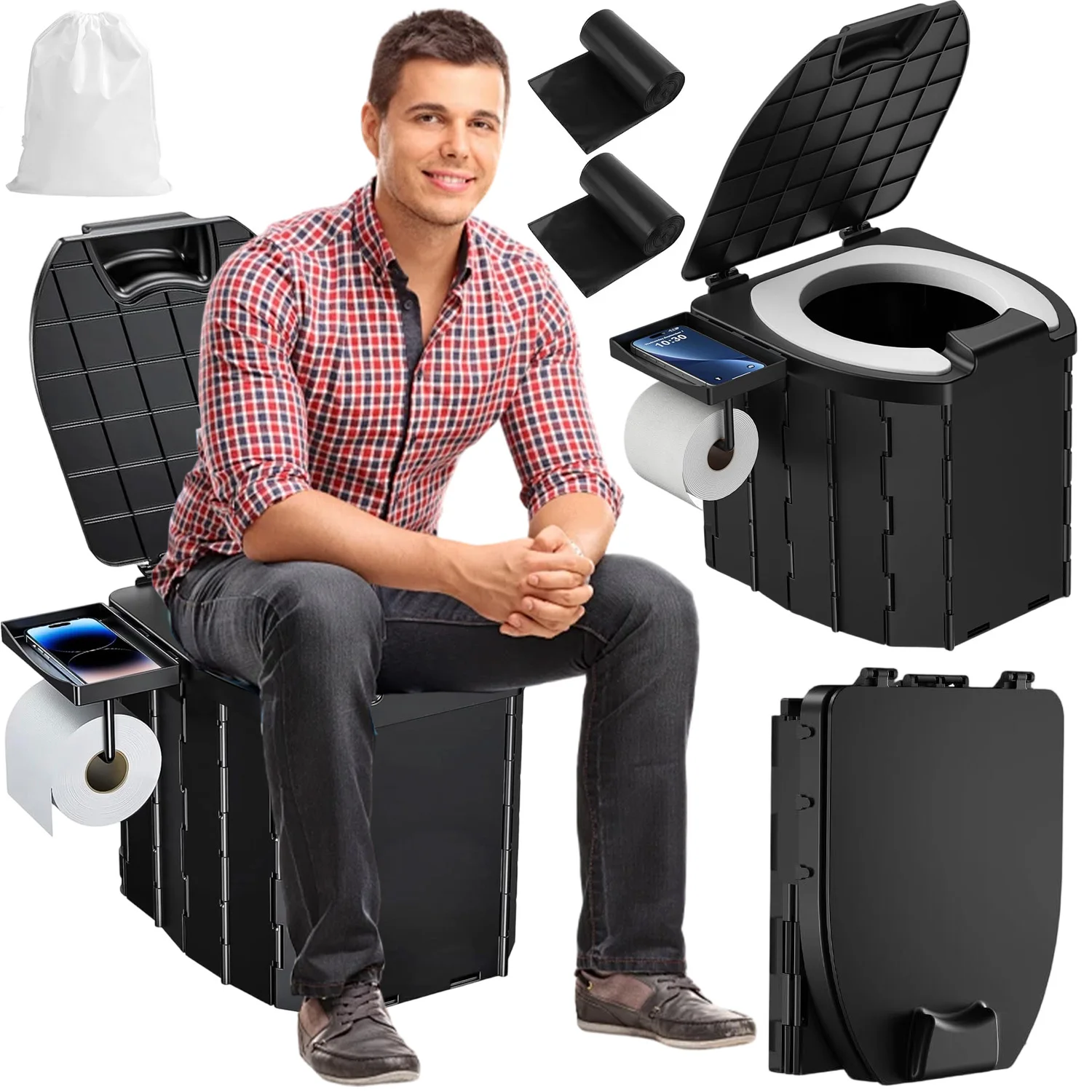 Inodoro Portátil para Acampar, Inodoro Plegable de Viaje para Adultos con Tapa y Porta Papel, Inodoro Compacto para Coche, Inodoro Portátil para Acampar, Senderismo, Camiones, Autocaravanas, Playa