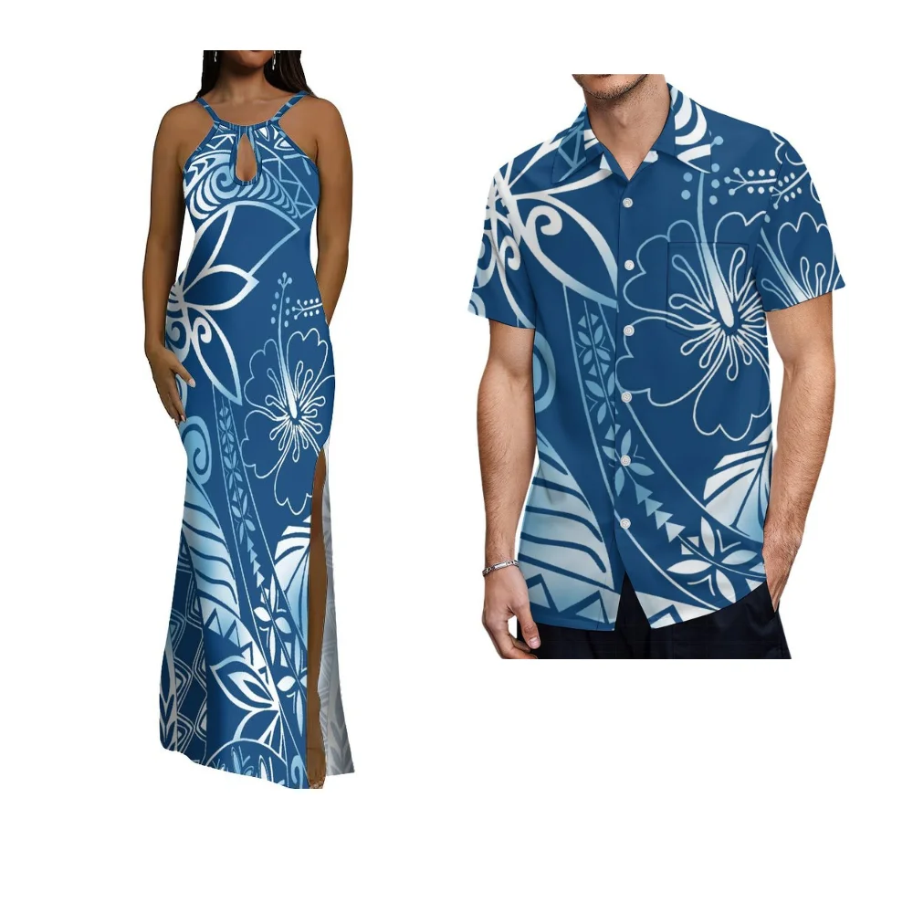 Abbigliamento da coppia dell'Isola Samoan Abito estivo senza maniche slim fit da donna Camicia da uomo Abito polinesiano sexy con spacco con scollo profondo