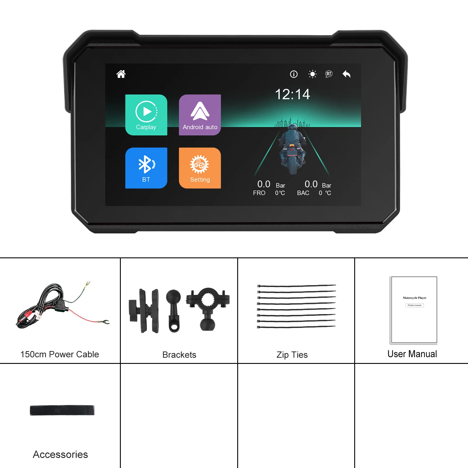 Podofo 5 Zoll Carplay Motorrad-Armaturenbrett Universeller Smart-Player Android Tragbarer Auto-Monitor IP68 Wasserdichtes Reifendruck-Überwachungssystem – Detail 12