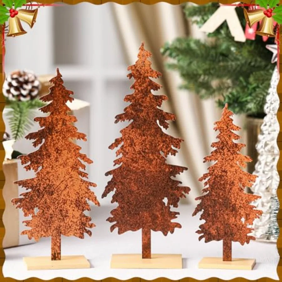 3 قطعة شجرة الصنوبر المعدنية الخريف منضدية ديكور خمر أشجار عيد الميلاد الجدول محور مع قاعدة خشبية ريفي مزرعة الدائمة