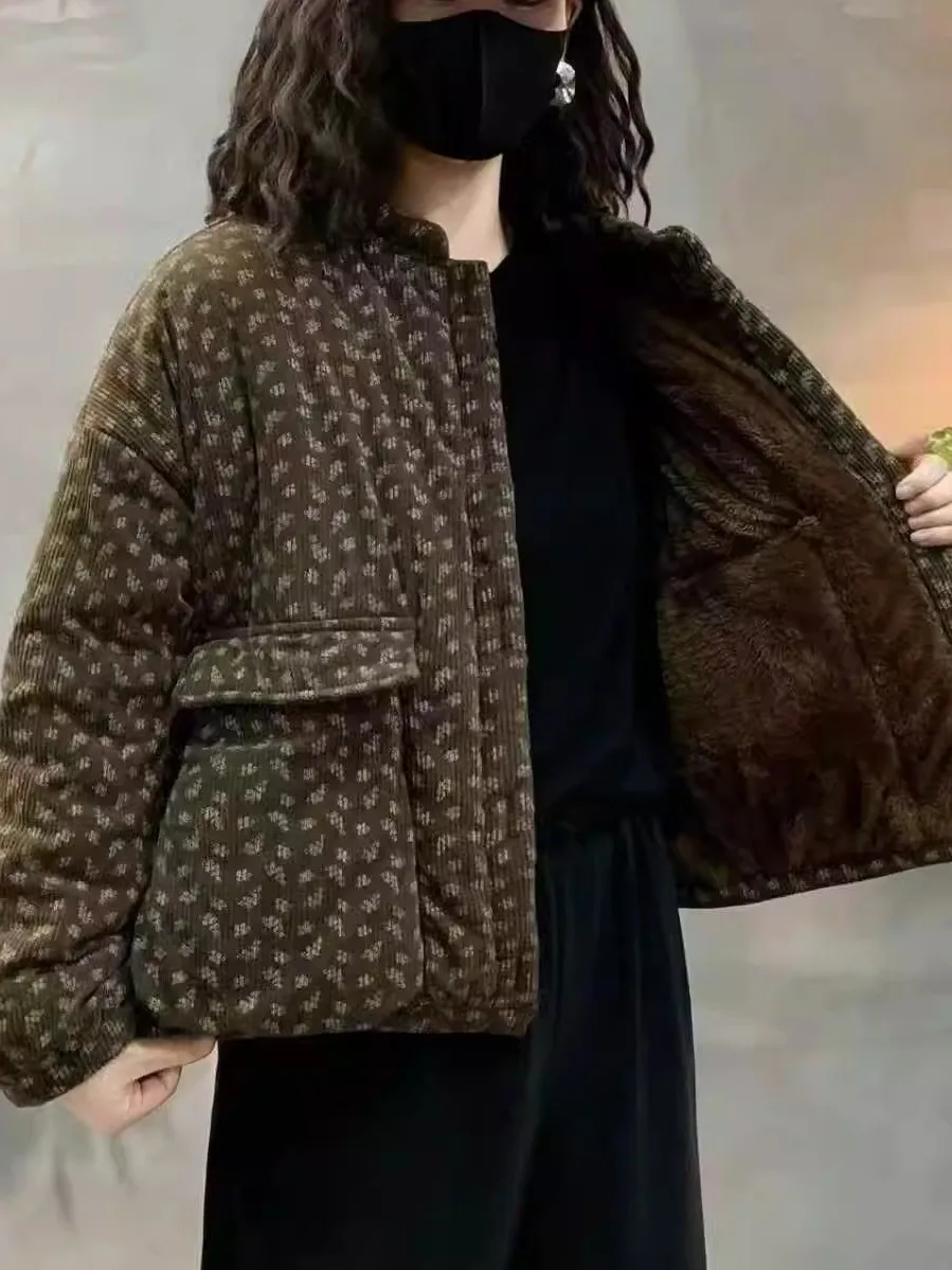 

Faionable Thiened Cotton Jaet Winter Warm Fce Lined Corduroy Printed Cotton Coat ular Mommy Sle Clothing