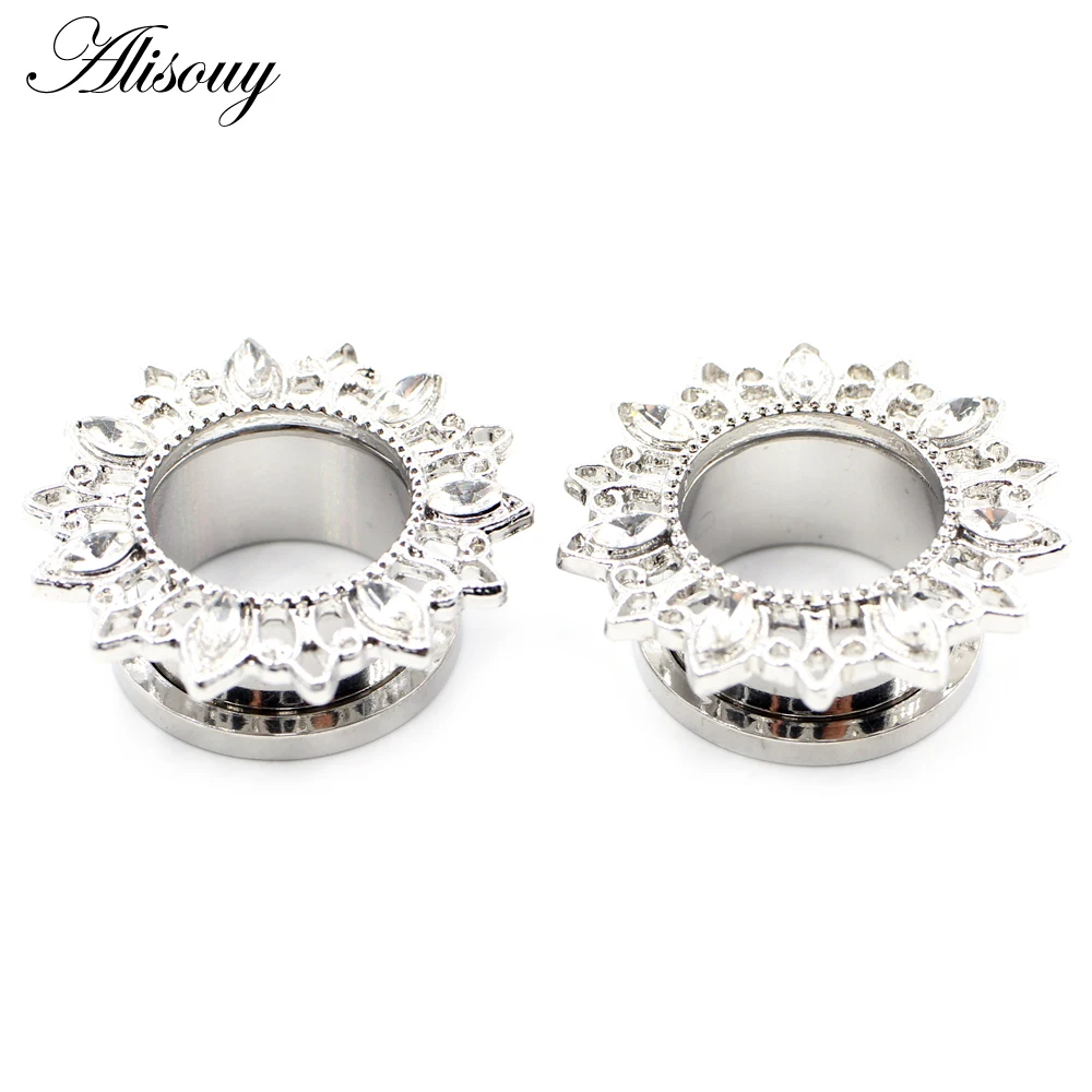 Alisouy 2 Stück Edelstahl Blume Zirkonia Mond Stern Uhr Herz Schraube Ohr Tunnel Plugs Expander Messgeräte Körper Piercing Schmuck – Detail 13