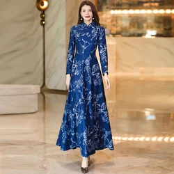 New Women Chinese Style Blue Print Dress Spring Autumn Fashion Elegant Cheongsam Collar Long Sleeve Slim Waist Long Dress