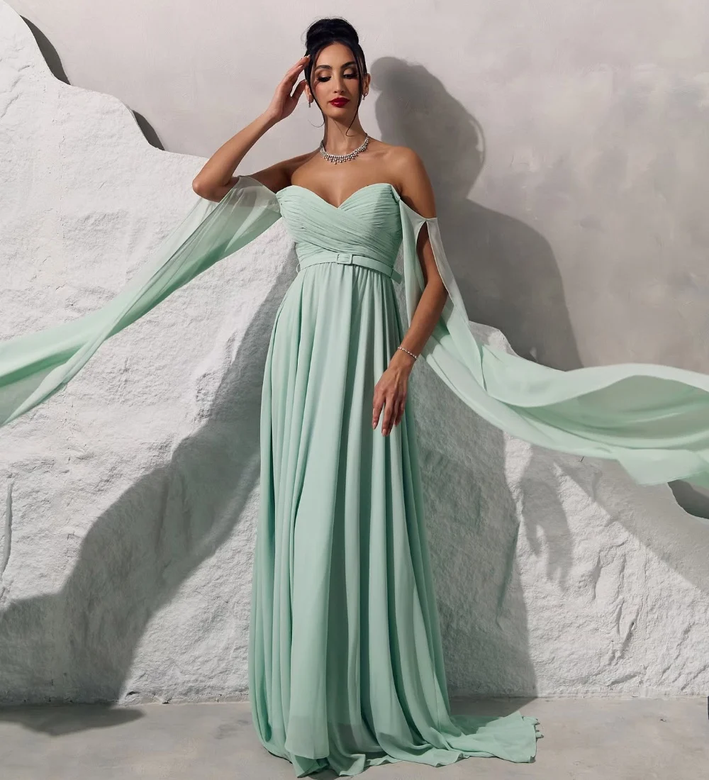 

Customized Chinese Style Chiffon Pleat Sash A-line Off-the-shoulder Long Dresses Bespoke Occasion Dresses Sizes Available