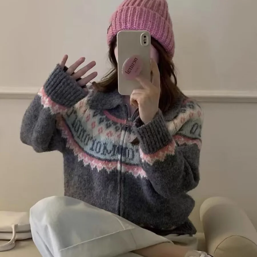 AOSSVIAO 레트로 자카드 니트 카디건 여성 가을, 겨울 느슨한 긴 소매 스웨터 지퍼 라펠 컬러 블로킹 코트