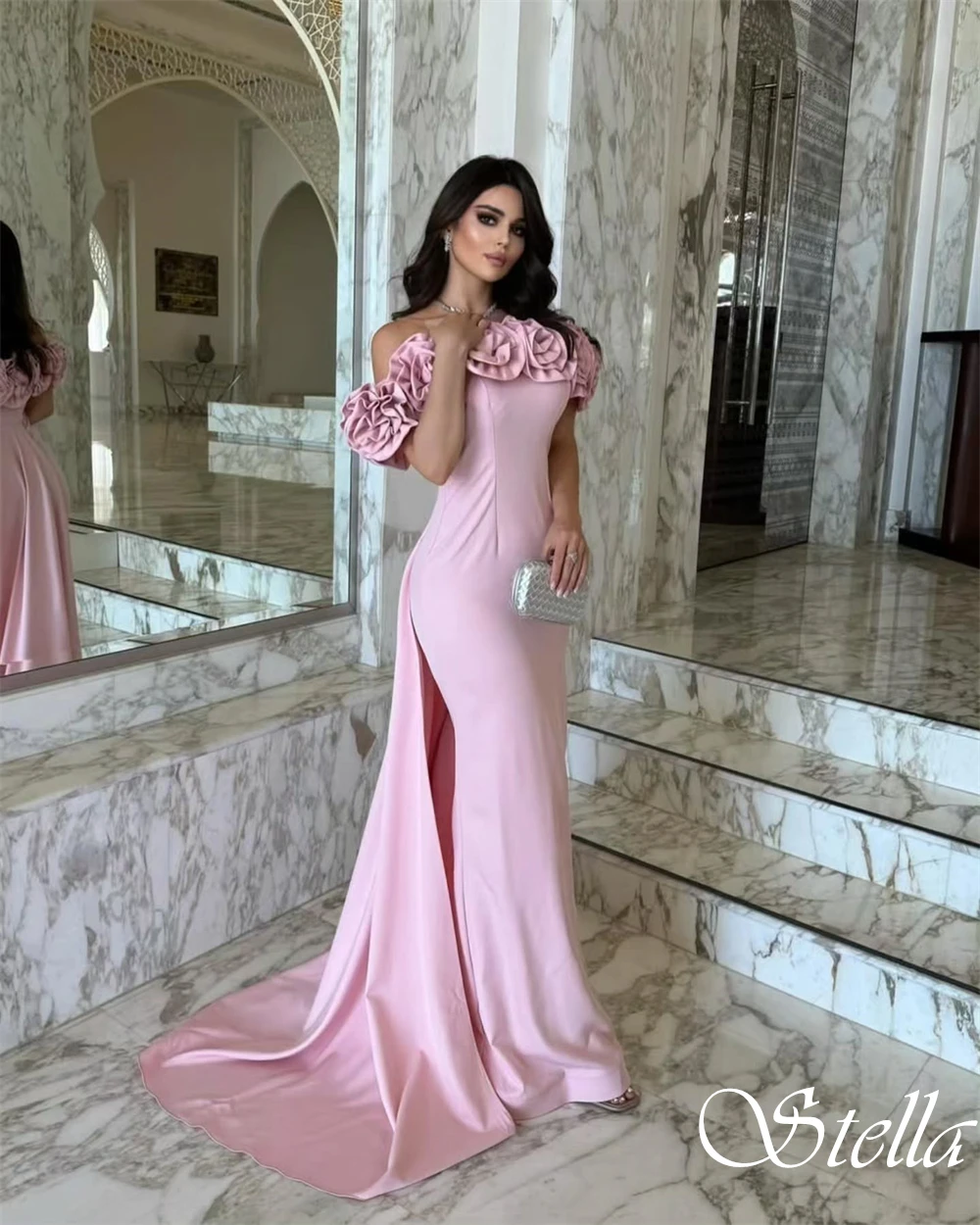 

Customized Strapless Short Sleeves Exquisite Evening Dress Mermaid Floor Length Cocktail Dress Watteau Train Luxury Prom Dress