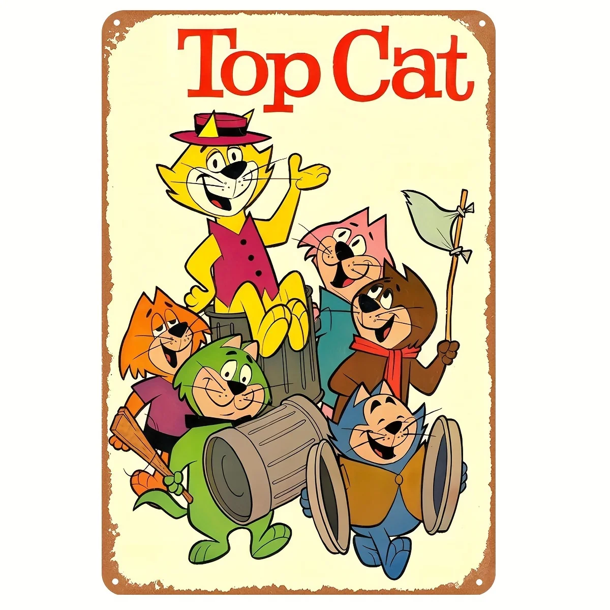 Top Cat Retro Metal Wall Art -  Cartoon Characters Tin Sign, Pre-Drilled Weather-Resistant Iron Plaque, for Bedroom, Bar, for Ma